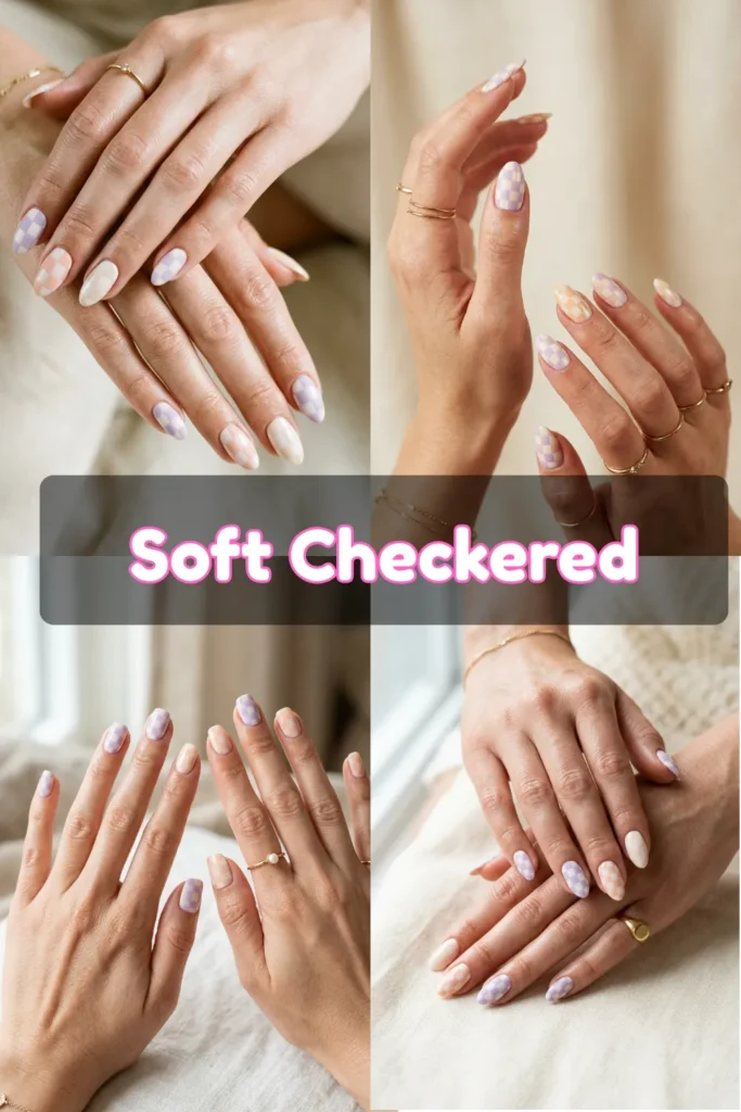 A four-quadrant photo collage showcasing a playful and modern soft checkered manicure on almond-shaped nails. The nail design features a subtle checkerboard pattern alternating pastel colors, including lavender purple and white, alongside peach and cream tones. The hands are shot from multiple angles, resting gently on soft linen fabrics and styled with simple gold stackable rings, a dainty pearl ring, and thin bracelets. A dark, translucent horizontal banner across the center features rounded white text with a pink outline that reads "Soft Checkered".