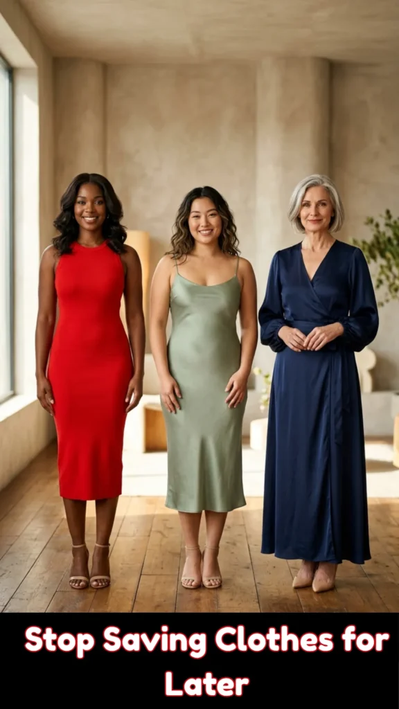 Three smiling women of diverse ethnicities and ages stand side-by-side in a brightly lit, modern room with wooden floors and a large window. On the left, a Black woman with wavy dark hair wears a sleek, sleeveless bright red bodycon midi dress. In the center, an East Asian woman with wavy brown hair wears a light sage green satin slip midi dress with thin straps. On the right, an older white woman with elegant grey hair wears a long-sleeved, navy blue satin wrap maxi dress. A solid black banner at the very bottom features rounded white text outlined in red that reads "Stop Saving Clothes for Later".