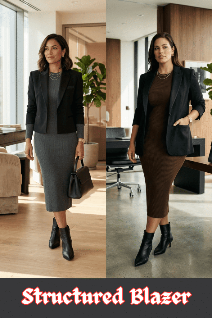 A side-by-side fashion comparison highlighting an effortless, professional outfit pairing a knit midi dress with a structured blazer. On the left, a woman stands in a modern office space wearing a gray ribbed knit midi dress paired with a cropped, tailored black blazer, black pointed-toe leather ankle boots, and a structured black handbag. On the right, a curvy woman models a similar styling formula, wearing a chocolate brown ribbed knit midi dress layered under a classic, hip-length black blazer with her hand in her pocket, completed with black pointed-toe heel ankle boots. At the bottom, stylized red text with a white border reads "Structured Blazer."
