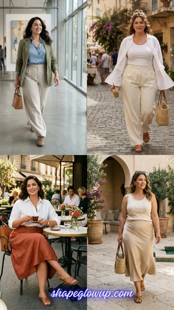 Four-image collage showcasing essential minimalist summer fashion pieces, including linen button-ups, wide-leg trousers, silk midi skirts, and unstructured blazers. Features neutral and earth-toned outfits suitable for curves.