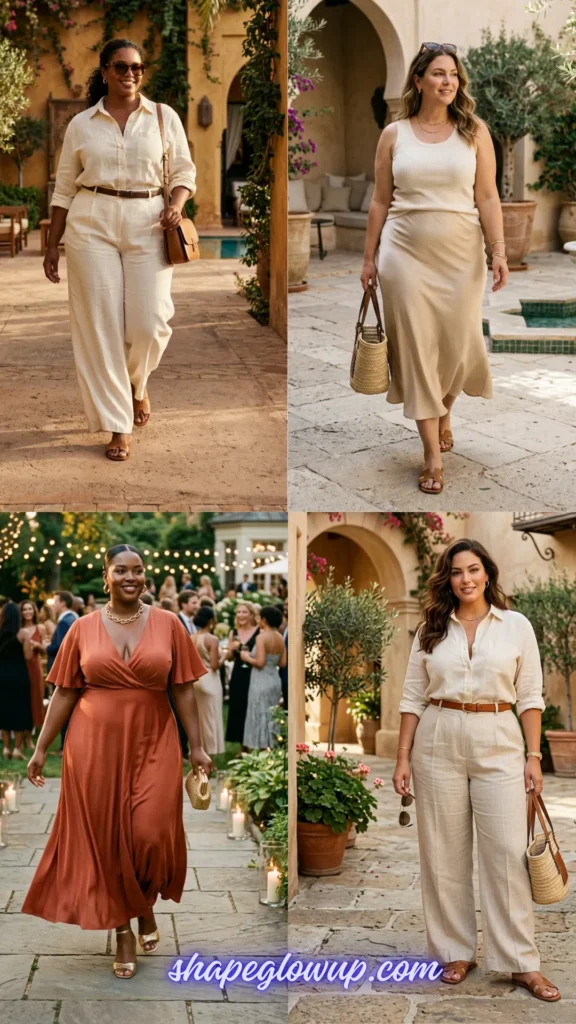 Collage showing summer quiet luxury evening and party outfit ideas for curved figures. Includes transitions from linen daytime sets to silk midi dresses paired with metallic sandals and statement gold jewelry.