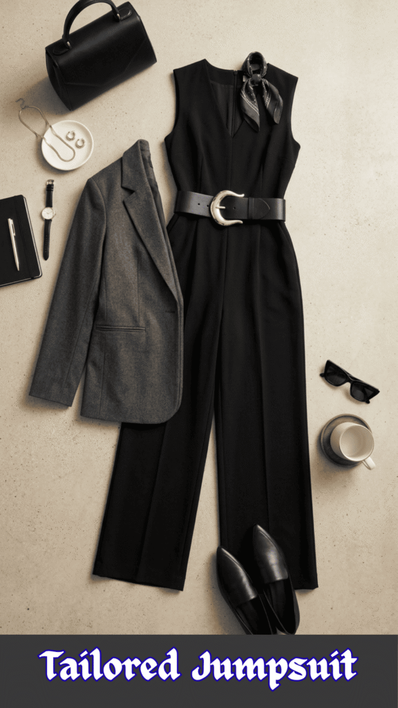 A flat-lay fashion layout on a light textured background showcasing a bold and professional office outfit. Centered is a sleeveless black wide-leg jumpsuit with a modest V-neckline, cinched at the waist with a thick black leather statement belt featuring a prominent silver crescent buckle. To the left sits a structured charcoal gray wool blazer, and professional accessories surround the ensemble, including black pointed-toe leather loafers, a structured black leather handbag, a small silk neck scarf, black sunglasses, a classic watch, a notebook with a pen, and a cup of coffee. A small white dish holding silver jewelry rests near the top left corner. At the bottom, stylized purple text with a white border reads "Tailored Jumpsuit."