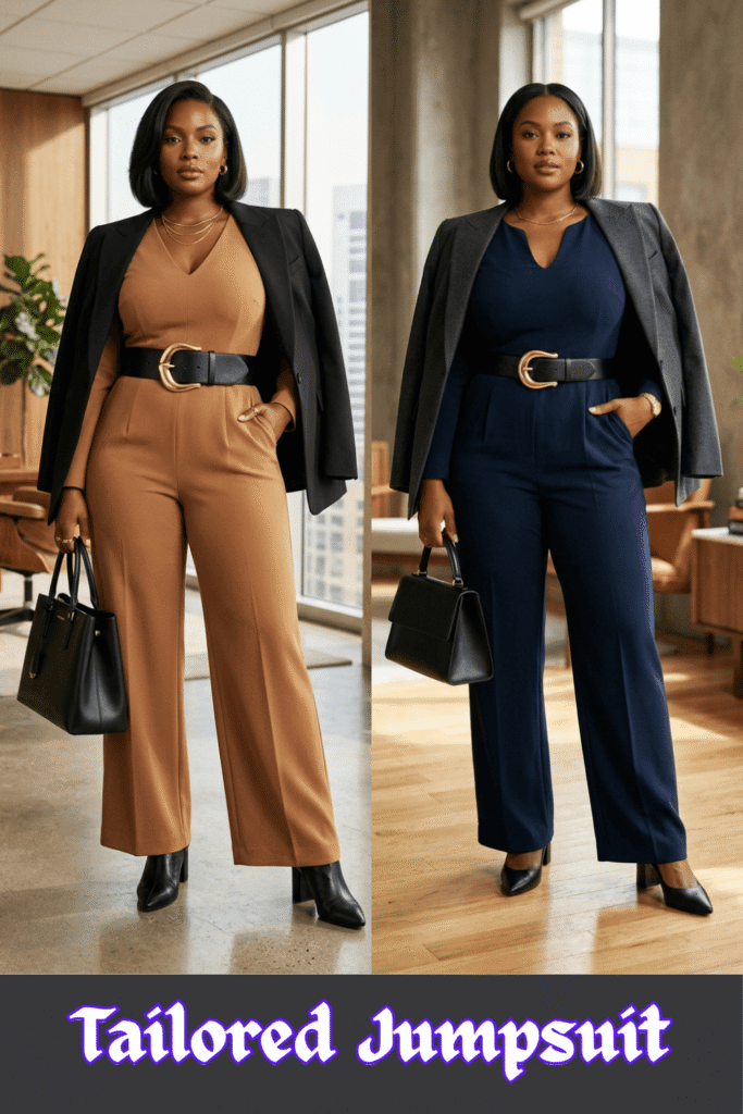 A side-by-side fashion comparison showcasing a bold and confident tailored jumpsuit styled for the office. On the left, a woman stands in a modern, window-filled office wearing a tan wide-leg jumpsuit with a modest V-neckline, cinched at the waist with a thick black leather statement belt featuring a large gold buckle. A black blazer is draped casually over her shoulders, and she carries a structured black leather handbag paired with black ankle boots. On the right, a curvy woman models the same styling formula, wearing a navy blue wide-leg jumpsuit with a notched scoop neck, cinched with the same black and gold statement belt. A dark gray blazer is draped over her shoulders, and she carries a black leather purse paired with black low block heels. At the bottom, stylized purple text with a white border reads "Tailored Jumpsuit."