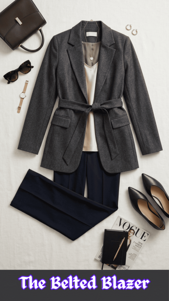 A flat-lay fashion layout on a crisp white surface showcasing a powerful and sophisticated office outfit. Centered is a structured, dark charcoal gray wool-blend blazer tied tightly at the waist with a matching fabric belt, layered over a champagne-colored satin camisole shell and paired with tailored navy blue trousers. Professional accessories surround the look, including black pointed-toe leather flats, a structured black leather handbag, tortoiseshell sunglasses, a classic gold wristwatch, and delicate gold hoop earrings. A small black notebook with a gold pen and a copy of Vogue magazine finish the elegant corporate aesthetic. At the bottom, stylized purple text with a white border reads "The Belted Blazer."