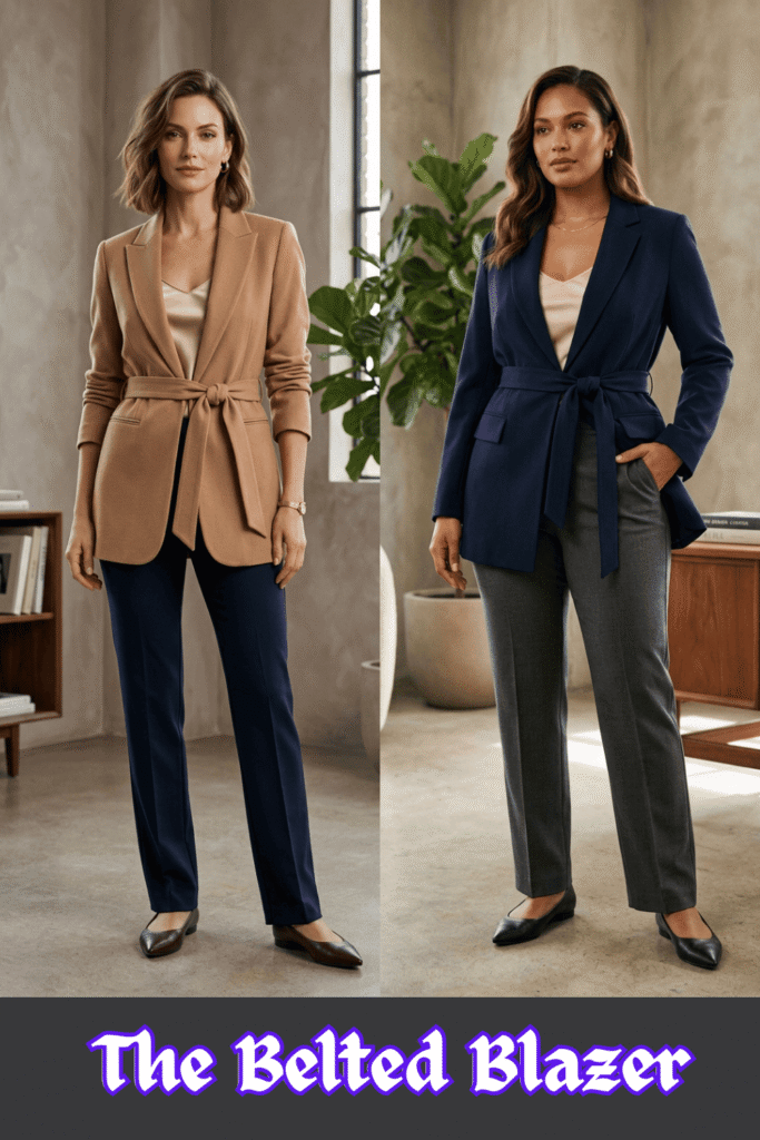 A side-by-side fashion comparison illustrating how to style a belted blazer for a powerful, tailored office look. On the left, a woman stands in a modern office space wearing a structured, mid-length tan blazer cinched at the waist with a matching fabric belt, layered over a champagne silk camisole and paired with slim navy blue trousers and dark pointed-toe flats. On the right, a curvy woman models the same styling formula in a different colorway, wearing a navy blue belted blazer over a cream satin shell, styled with charcoal gray tailored trousers and black pointed-toe flats. At the bottom, stylized purple text with a white border reads "The Belted Blazer."