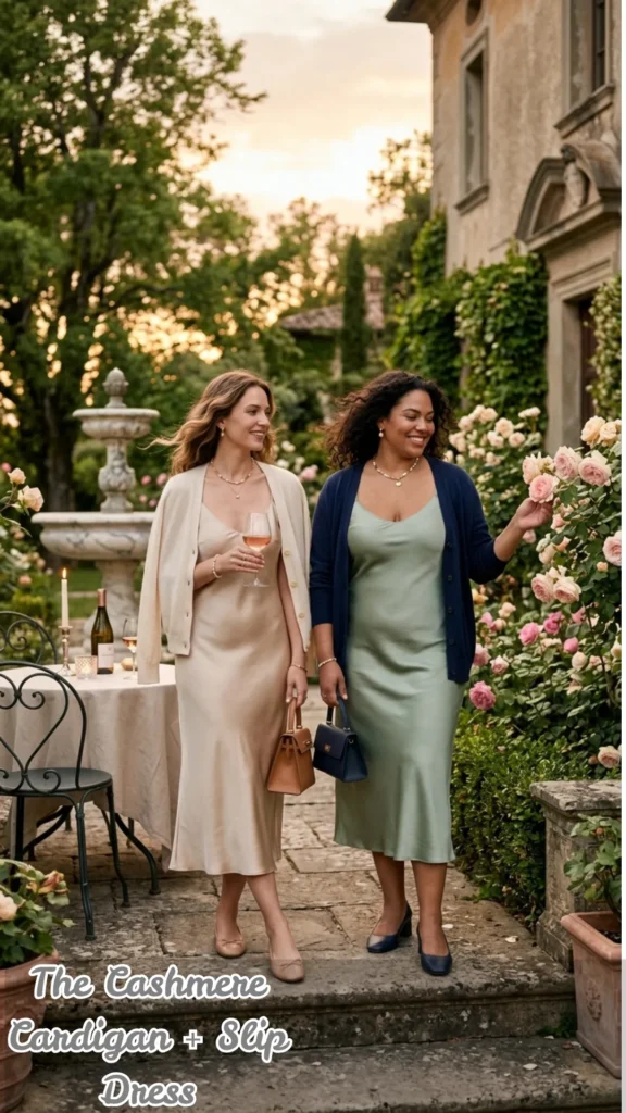 Two women of diverse body types walk smiling through a lush European rose garden at sunset, modeling "The Cashmere Cardigan + Slip Dress" formula for transition spring outfits. The woman on the left wears a champagne satin slip dress with a cream cardigan and a tan top-handle bag. The woman on the right wears a sage green slip dress with a navy blue cardigan and a matching navy bag. They are styled with simple jewelry and flat shoes in front of a stone fountain and a covered outdoor dining table, embodying elegant quiet luxury.