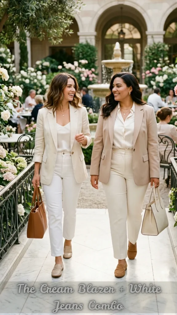 Two women of different sizes modeling The Cream Blazer + White Jeans Combo for Old Money Spring Outfits. One wears a linen cream blazer over a silk camisole and white straight-leg jeans, while the other models a tan blazer over a white button-down and trousers. They are walking through a lush, floral garden patio with a classic fountain, styled with leather totes and loafers to show "spring sophistication."