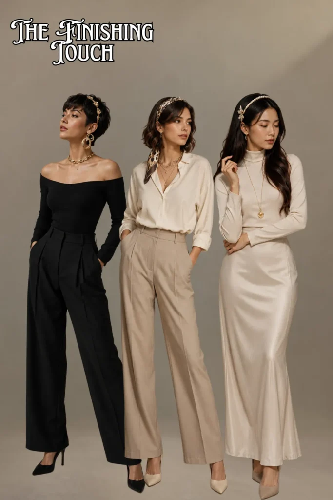 A fashion styling collage set against a neutral grey studio background showcasing accessory pairing ideas for different hair lengths. Three women pose side-by-side:On the left, a woman with a textured pixie cut looks upward, wearing a gold floral-detailed headband, chunky double-hoop gold earrings, a bold gold chain choker necklace, a black off-the-shoulder top, and black wide-leg trousers.In the center, a woman with a shoulder-length wavy bob models a leopard-print silk hair scarf tied around her head, layered delicate gold necklaces, a cream silk button-down shirt, and pleated tan trousers.On the right, a woman with long, cascading dark waves looks downward, wearing a pearl-embellished headband with a metallic flower clip, a long gold pendant necklace, a cream turtleneck maxi dress, and nude pumps.Stylized white text with a black outline in the upper left corner reads "THE FINISHING TOUCH.