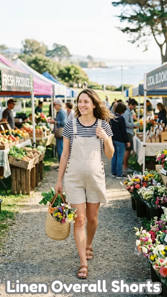 A smiling pregnant woman walking through a sunny outdoor farmer’s market, modeling the Linen Overall Shorts + Striped Tee outfit. She wears beige linen overall shorts with "adjustable shoulder straps and side buttons" over a "classic Breton striped top." Carrying a straw bag filled with fresh flowers and produce, she demonstrates a "breathable, cute, and bump-friendly" look for spring. This image from The Floral Wrap (1).webp perfectly captures a "playful and practical" maternity style for warm spring days.