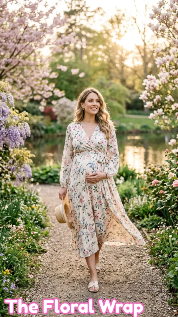 A smiling pregnant woman walks through a blooming garden at sunset, modeling The Floral Wrap Dress: Effortless Spring Maternity Fashion. She wears a long-sleeved "cream dress with soft pink and blue blooms" that features a "flattering V-neck" and a wrap tie cinched above her baby bump. Holding a straw hat and wearing white sandals, she perfectly illustrates how a floral wrap dress provides comfort and style. This image from The Floral Wrap.webp highlights a "nursing-friendly" and adjustable look for spring maternity fashion.