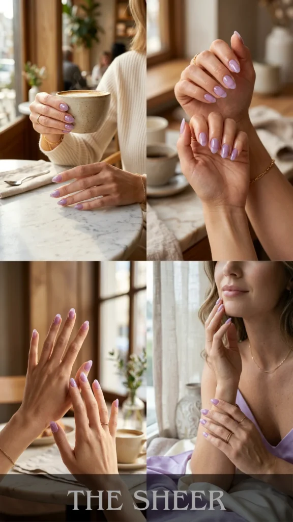 A four-panel image collage showcasing the minimalist lavender "jelly nails" manicure trend. The top-left panel shows a woman in a cream ribbed sweater holding a ceramic coffee cup at a cafe marble table, displaying her high-shine, sheer purple-lavender almond nails. The top-right panel features a close-up of her hands raised together, showing the wet-look glossy finish of the translucent polish. The bottom-left panel highlights the manicure caught in natural light by a window, emphasizing the stained-glass transparency of the nail beds. The bottom-right panel displays the woman smiling softly, wearing a matching lilac silk top and delicate gold jewelry while showcasing her hands near her face. A dark horizontal overlay bar at the bottom center features the text "THE SHEER".
