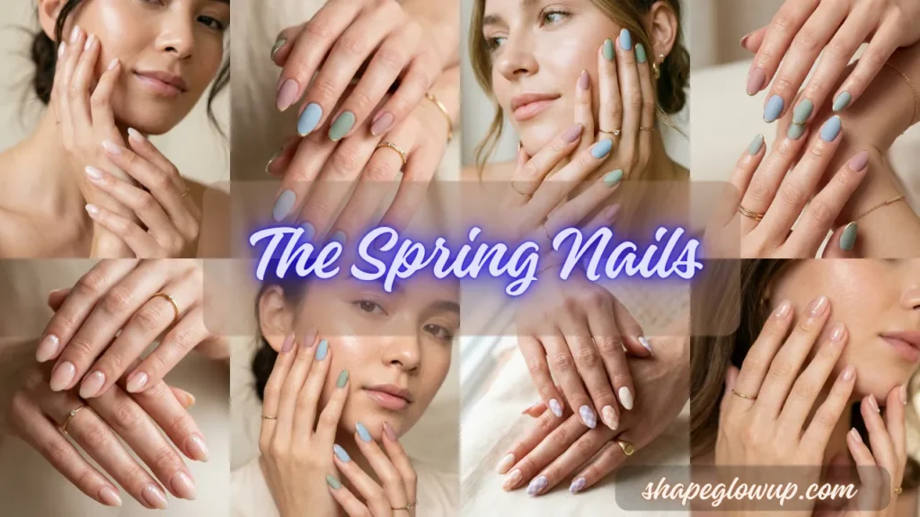 A multi-panel collage showcasing fresh spring nail art designs, including glossy milky nude manicures, a multi-colored pastel palette (sage green, dusty blue, and lavender) with delicate gold micro-french tips, and a soft lavender and cream checkered pattern.