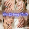 A multi-panel collage showcasing fresh spring nail art designs, including glossy milky nude manicures, a multi-colored pastel palette (sage green, dusty blue, and lavender) with delicate gold micro-french tips, and a soft lavender and cream checkered pattern.