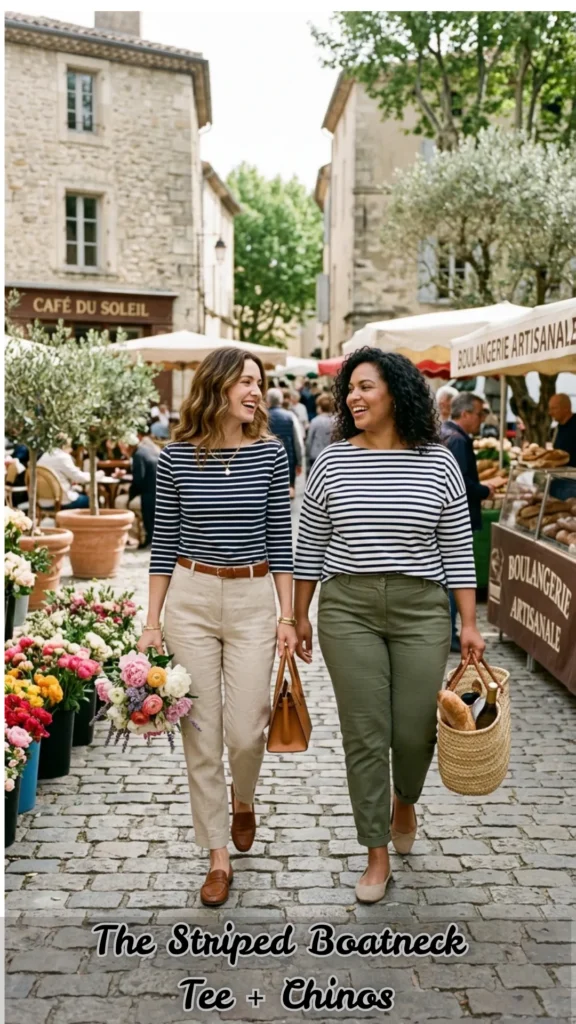 Two women of different sizes modeling The Striped Boatneck Tee + Chinos look for Old Money Spring Outfits. One woman wears a navy and white striped boatneck tee tucked into beige tailored chinos with a tan belt. The other woman models a similar striped tee with olive green chinos. They are walking through an outdoor French market, carrying fresh flowers and a straw market bag, embodying a "casual yet refined" spring silhouette.