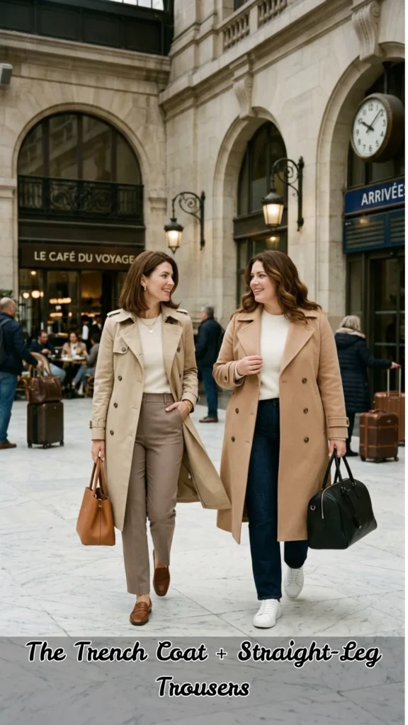 Two women modeling The Trench Coat + Straight-Leg Trousers formula for Old Money Spring Outfits. One woman wears a classic tan belted trench coat over taupe trousers and leather loafers. The other woman models a camel-colored wool trench coat over dark jeans and white leather sneakers. They are walking through a historic European train station, showcasing how to style "casual yet polished" spring travel looks in a matching neutral palette.