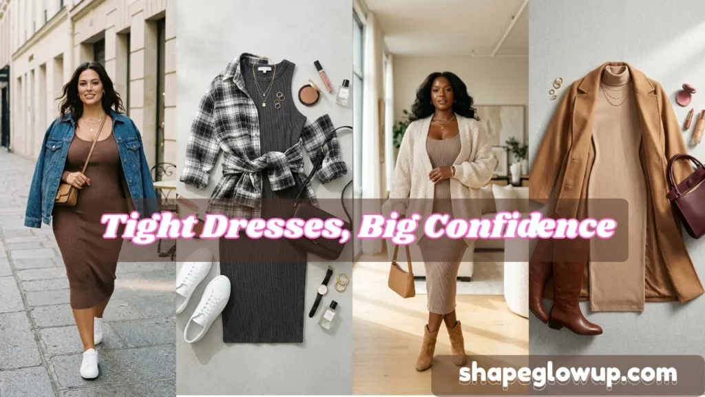 A four-panel horizontal collage banner displaying body-positive wardrobe inspiration from Tight Dresses, Big Confidence.webp. The image features text overlay reading "Tight Dresses, Big Confidence" and a website watermark for shapeglowup.com. The panels showcase different ways to style casual bodycon dresses, including a woman in a brown midi dress with a denim jacket and white sneakers, a flat lay with a gray dress and plaid shirt tied at the waist, a black woman wearing a taupe knit dress with an oversized cream cardigan, and a winter flat lay featuring a beige turtleneck bodycon dress with a long camel wool coat and brown knee-high boots.