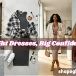 A four-panel horizontal collage banner displaying body-positive wardrobe inspiration from Tight Dresses, Big Confidence.webp. The image features text overlay reading "Tight Dresses, Big Confidence" and a website watermark for shapeglowup.com. The panels showcase different ways to style casual bodycon dresses, including a woman in a brown midi dress with a denim jacket and white sneakers, a flat lay with a gray dress and plaid shirt tied at the waist, a black woman wearing a taupe knit dress with an oversized cream cardigan, and a winter flat lay featuring a beige turtleneck bodycon dress with a long camel wool coat and brown knee-high boots.