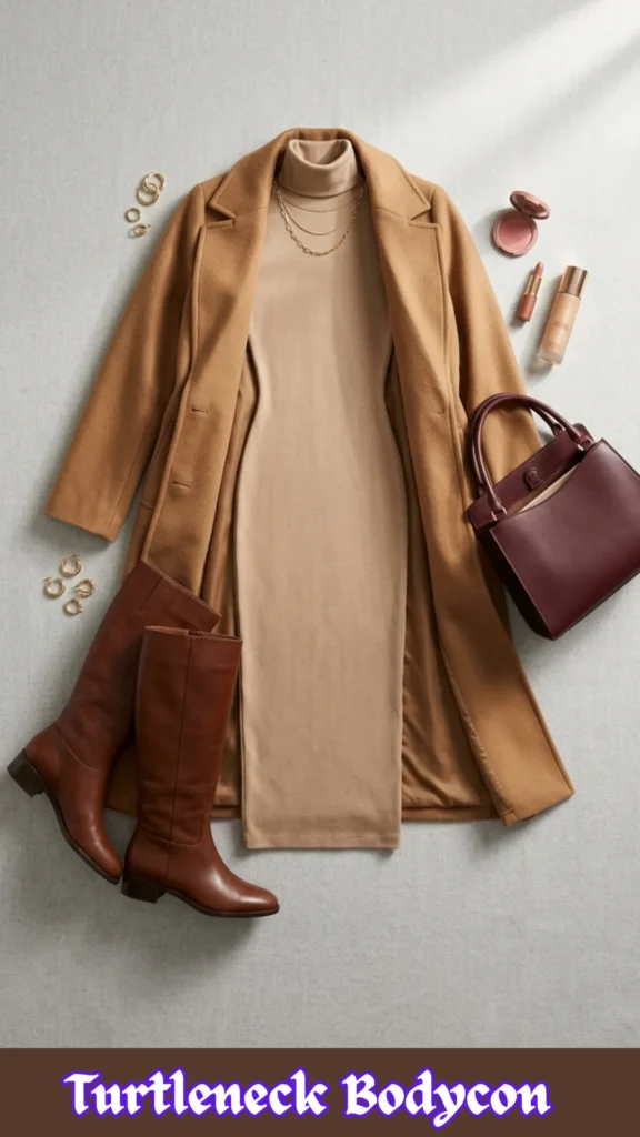 A high-angle flat lay fashion layout showcasing an elegant autumn and winter wardrobe blueprint from Turtleneck Bodycon 1.webp. Set against a clean gray background, the outfit features a sleek beige turtleneck bodycon midi dress beautifully layered under an open, classic camel-colored long wool coat. It is symmetrically styled with knee-high brown leather boots, a structured burgundy leather handbag, a layered gold chain necklace, and small gold hoop earrings, alongside a scattering of winter beauty essentials like a rosy blush compact, a nude lipstick tube, and foundation.