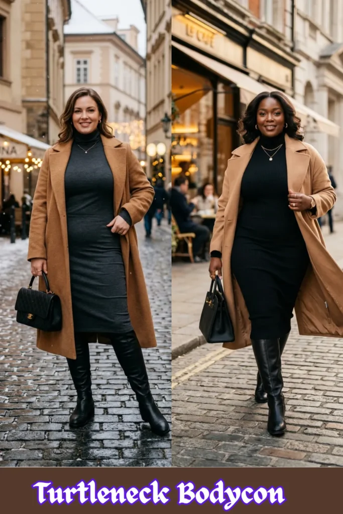 A two-panel vertical collage featuring elegant autumn and winter fashion inspiration from Turtleneck Bodycon 2.webp. The left panel showcases a woman smiling on a snowy cobblestone street, wearing a charcoal gray turtleneck bodycon midi dress paired with over-the-knee black leather boots, a camel-colored long wool coat, and a black quilted handbag. The right panel features a black woman walking confidently down a city street in a black turtleneck bodycon dress styled with knee-high black boots, an open camel duster coat, and a structured black leather tote bag. This chic wardrobe guide highlights comfortable, everyday-friendly ways to style tight dresses for cooler weather.