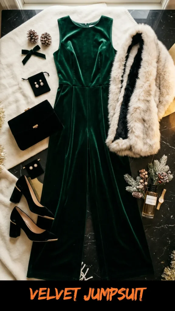 A flat lay fashion composition featuring a holiday evening outfit laid out on a black marble floor draped with a plush white blanket. The central item is a sleeveless, wide-leg emerald green velvet jumpsuit. It is styled with a voluminous cream-colored faux fur stole, black velvet chunky high-heel pumps with gold trim, a black velvet rectangular clutch bag, drop earrings, and a gold watch. Seasonal decorative accents include pinecones, a green velvet bow, a bottle of perfume, and a festive sprig of winter greenery with gold berries. Orange text at the bottom reads "VELVET JUMPSUIT".