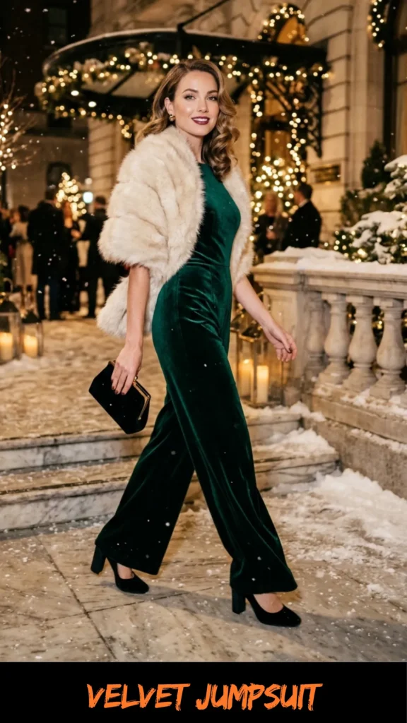A fashion graphic featuring a woman with elegant side-parted waves walking down snow-dusted marble stairs outside a luxury hotel at night. She is wearing a sleeveless emerald green velvet wide-leg jumpsuit paired with a plush cream-colored faux fur stole draped over her shoulders. She carries a black velvet clutch bag and wears black chunky-heeled pumps. The background is a festive winter scene with soft snow falling, warm glowing lanterns, and holiday trees lit up with golden string lights. Orange text at the bottom reads "VELVET JUMPSUIT".