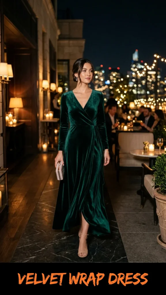 A fashion graphic featuring a woman walking through an elegant outdoor rooftop restaurant at night, wearing a luxurious, long-sleeved emerald green velvet wrap dress. She is carrying a small, sparkling silver rhinestone clutch bag and wearing nude strap heels. The background is softly blurred with warm string lights, glowing candles, dining tables with guests, and a illuminated city skyline. Orange brushstroke text at the bottom reads "VELVET WRAP DRESS".