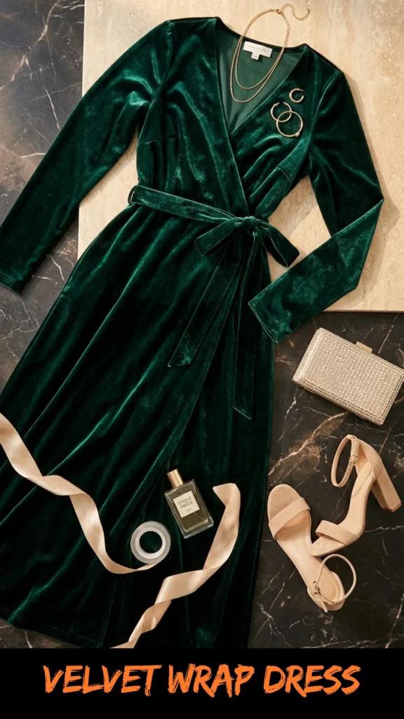 A flat lay fashion composition showcasing a long-sleeved emerald green velvet wrap dress with a tied waist belt, arranged on a black marble and beige tile surface. The dress is styled with elegant accessories, including layered gold chain necklaces, gold hoop earrings, a gold textured rectangular clutch, nude block heel sandals, a bottle of perfume, fabric double-sided fashion tape, and a satin ribbon. Orange brushstroke text at the bottom reads "VELVET WRAP DRESS".