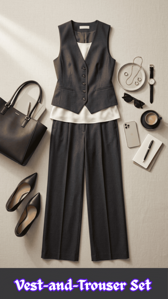 A flat-lay fashion layout on a light linen surface showcasing a modern, professional office outfit. Centered is a tailored charcoal gray sleeveless suit vest buttoned over a white satin camisole shell, paired with matching charcoal high-waisted, wide-leg pleated trousers. Sophisticated corporate accessories are neatly arranged around the clothes, including black pointed-toe leather heels, a structured black leather tote bag with a notebook inside, black sunglasses, a silver smartphone, a small white notepad with a black pen, and a cup of espresso. A small ceramic dish holds a silver necklace and matching earrings next to a black leather watch. At the bottom, stylized purple text with a white border reads "Vest-and-Trouser Set."