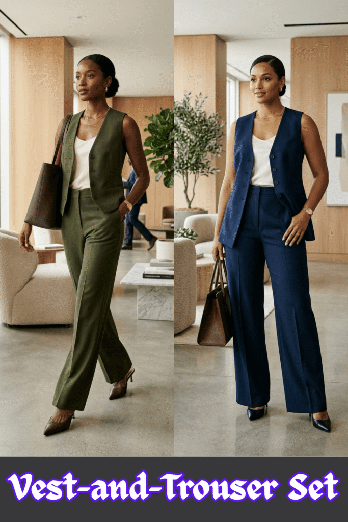 A side-by-side fashion comparison showcasing a modern and sleek vest-and-trouser set for a professional office look. On the left, a woman walks through a contemporary corporate lobby wearing a tailored olive green sleeveless vest buttoned over a white silk shell, paired with matching olive wide-leg trousers, dark brown pointed-toe heels, and a large brown leather tote bag. On the right, a curvy woman models the same styling formula in a different colorway, wearing a navy blue buttoned suit vest over a white camisole, styled with matching navy high-waisted wide-leg trousers, black pointed-toe heels, and a structured dark brown leather handbag. At the bottom, stylized purple text with a white border reads "Vest-and-Trouser Set."