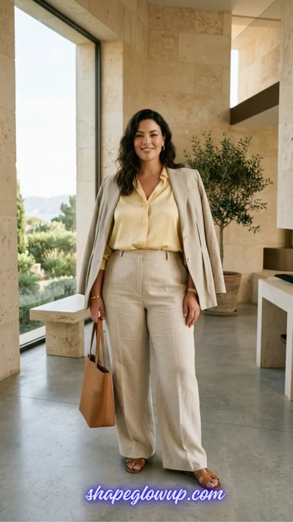 A woman showcasing a refined minimalist summer outfit, featuring high-waisted, wide-leg beige linen trousers, a butter-yellow silk button-down blouse, and a matching beige linen blazer draped over her shoulders. She holds a tan leather tote bag.