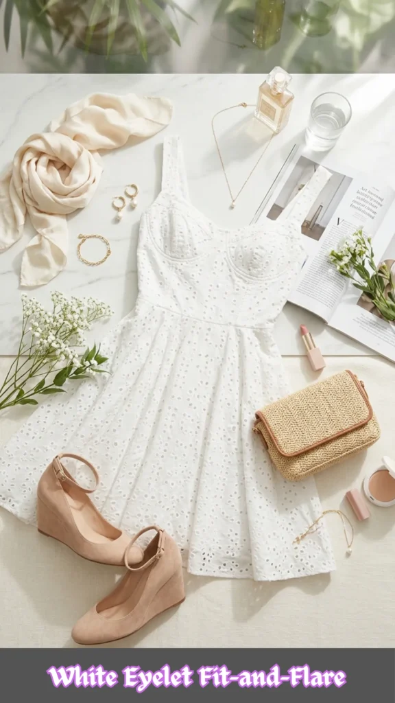 A high-angle flat lay fashion layout featuring a short white eyelet fit-and-flare dress centered on a clean white marble and light fabric surface. The dress is sleeveless with wide straps and a structured sweetheart bodice. Surrounding it are breezy, warm-weather date-night accessories, including a pair of nude ankle-strap wedge heels, a woven straw crossbody clutch, and a lightweight cream-colored scarf. Elegant touches include gold hoop earrings with pearl drops, a delicate gold pendant necklace, a gold chain bracelet, a luxury perfume bottle, an open compact powder, a tube of nude lipstick, an open magazine, and two delicate sprigs of white baby's breath flowers.