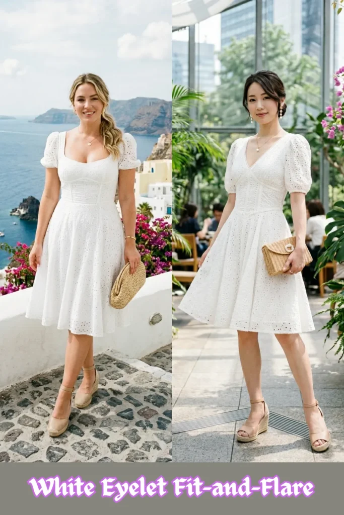 Two women posing side-by-side in knee-length, white eyelet fit-and-flare dresses with short puff sleeves, styled for warm weather. Both are wearing tan espadrille wedge sandals, carrying woven straw clutches, and wearing delicate gold jewelry. On the left, a smiling blonde woman with a wavy ponytail stands on a cobblestone pathway overlooking a coastal sea landscape with Mediterranean-style buildings and bright pink flowers. Her dress features a square neckline and a structured, corset-style bodice. On the right, a smiling East Asian woman with her hair in a soft updo stands in a sunlit indoor garden atrium filled with tropical plants. Her dress features a deep V-neckline and a cinched, patterned waist panel.