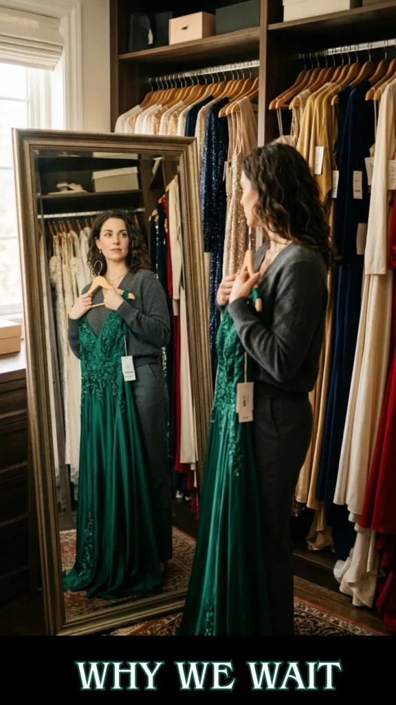 A woman with wavy dark hair stands inside a walk-in closet, looking thoughtfully at her reflection in a large, gold-framed full-length mirror. She is holding up an elegant, emerald green satin evening gown on a wooden hanger against her body, with the retail price tag still attached. She is dressed casually in a charcoal grey sweater and matching trousers. Behind her and inside the mirror's reflection, racks of untouched, formal dresses in sequins, gold, and vibrant colors hang closely together. A solid black banner at the bottom features bold white text with a green border that reads "WHY WE WAIT".