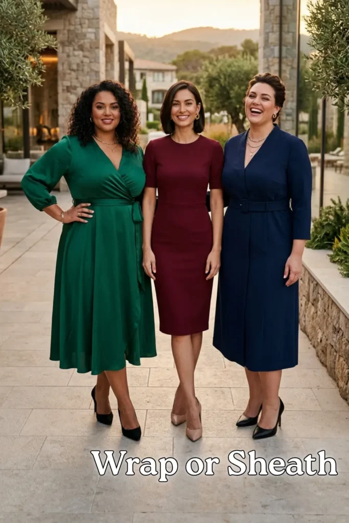 Three women of different body types modeling The Power Dress styles for Power Outfits That Give Instant Confidence (Any Size). The woman on the left wears a green midi wrap dress that celebrates curves, the middle woman wears a tailored burgundy sheath dress for a lean and focused look, and the woman on the right wears a belted navy blue wrap dress. They are all wearing pointed-toe heels as a "Glow Tip" to lengthen the silhouette while standing on a paved outdoor patio at sunset.