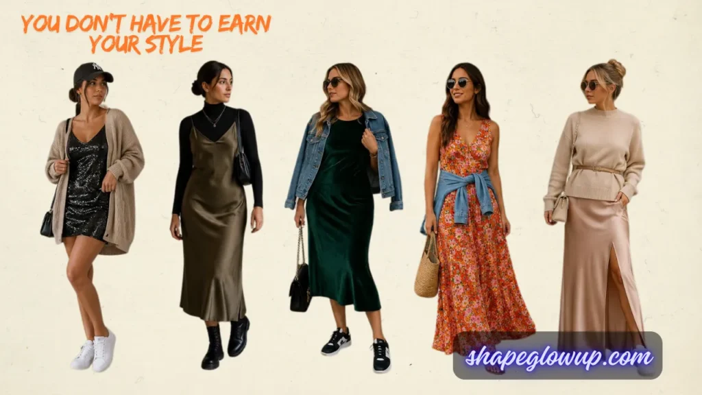 A fashion cover graphic on a cream background showcasing five stylish ways to dress down fancy dresses like sequin, silk, and satin for everyday wear. Text on the image reads "YOU DON'T HAVE TO EARN YOUR STYLE" and "shapeglowup.com".