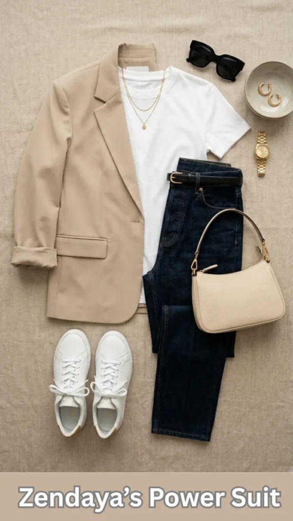 A flat lay fashion outfit layout displaying a smart-casual variation of Zendaya’s Power Suit style. Set against a neutral linen background, the ensemble features a structured "relaxed tan blazer" with a rolled sleeve, arranged alongside a "simple white tee," dark slim-fit jeans, a black leather belt, and clean white sneakers. Accessories include a cream shoulder bag, black sunglasses, a gold watch, gold hoop earrings, and a dainty layered necklace, highlighting an "effortless cool" daytime look.