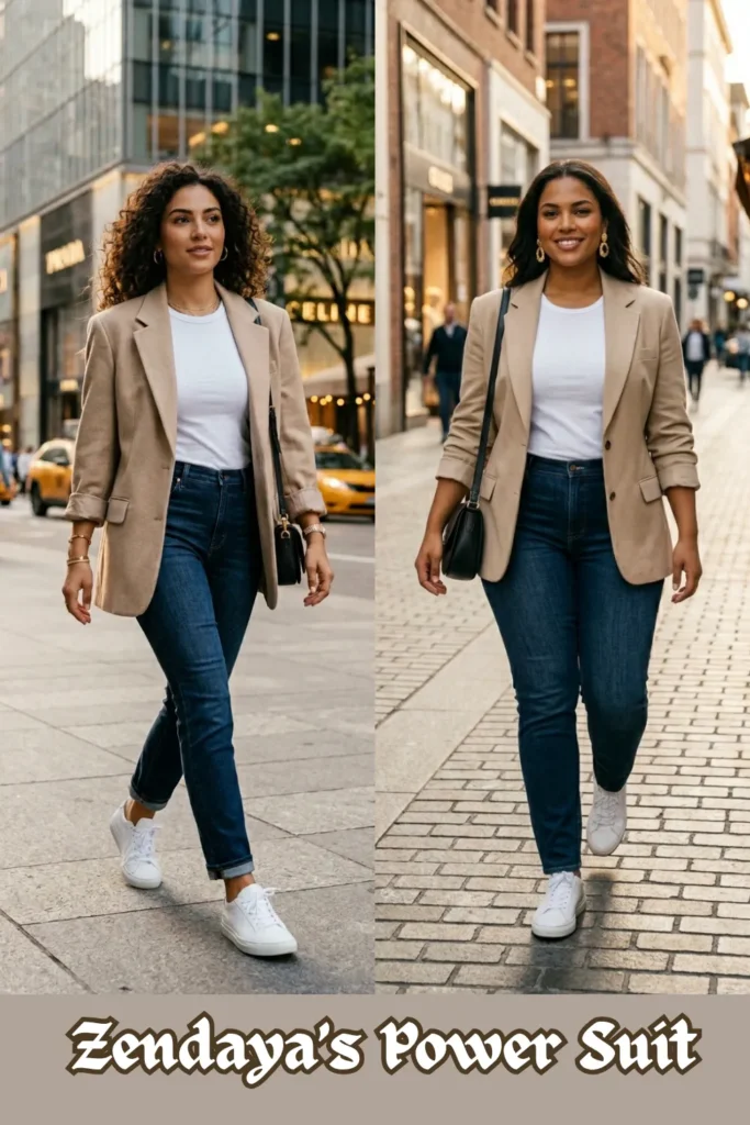 A two-panel vertical collage featuring women walking down a city street, modeling a smart-casual Zendaya’s Power Suit style. Each panel shows a woman wearing a structured "relaxed tan blazer" unbuttoned over a "simple white tee," paired with dark slim-fit jeans and "clean white sneakers." They carry a black leather crossbody bag, illustrating an "effortless cool" outfit that seamlessly transitions from office to drinks. This visual guide from Zendaya’s Power Suit.webp highlights affordable celebrity fashion inspiration for a chic daily wardrobe.