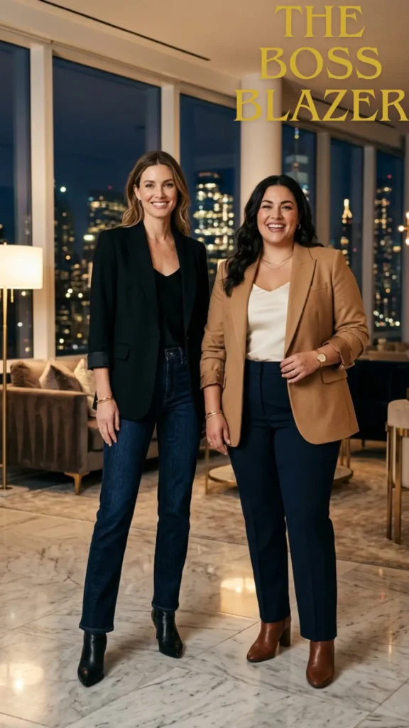 Two women demonstrating the "Boss Blazer" formula for Power Outfits That Give Instant Confidence (Any Size). One woman wears a structured black blazer over a silk camisole and dark straight-leg jeans with black boots. The other woman models a camel-toned blazer with rolled sleeves over a cream top and navy trousers with brown leather boots. They are standing in a modern penthouse with a city skyline at night in the background.