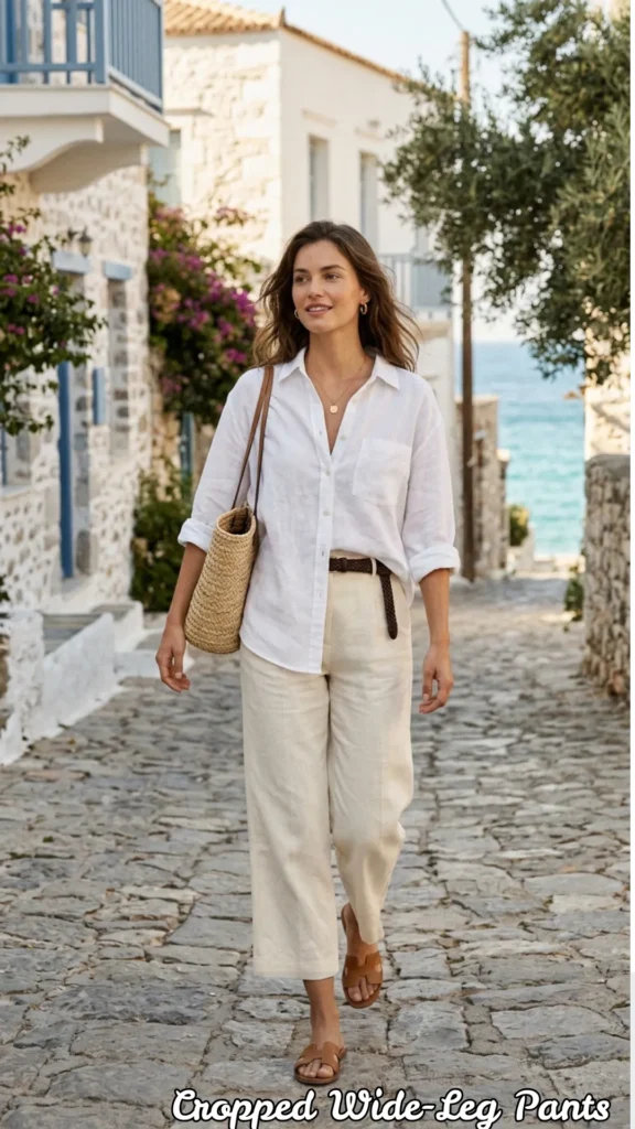 A woman walking down a cobblestone street in a Mediterranean coastal village, modeling The Linen Button-Up + Cropped Wide-Leg Pants formula for Old Money Spring Outfits. She wears a breathable, slightly oversized white linen button-up with the sleeves rolled to the elbows, tucked into cream cropped wide-leg pants. The look is accessorized with a dark woven belt, tan leather sandals, and a straw tote bag, perfectly illustrating a "quiet luxury" spring silhouette that is "effortless and polished"