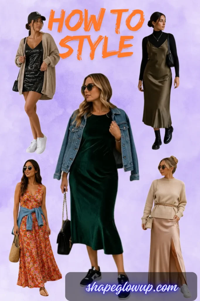 A fashion illustration layout on a textured lilac purple background showcasing five different ways to style formal dresses for everyday wear. At the top center, bold textured orange text reads "HOW TO STYLE". Five models demonstrate casual outfits: top left, a black sequin mini dress paired with an oversized beige cardigan, white sneakers, and a baseball cap; top right, an olive green silk slip dress layered over a black fitted turtleneck with black combat boots; center, a deep green velvet midi dress styled with a denim jacket draped over the shoulders and dark sneakers; bottom left, a bright orange floral maxi dress with a denim shirt tied around the waist; and bottom right, a champagne satin gown dressed down with an oversized beige knit sweater belted at the waist