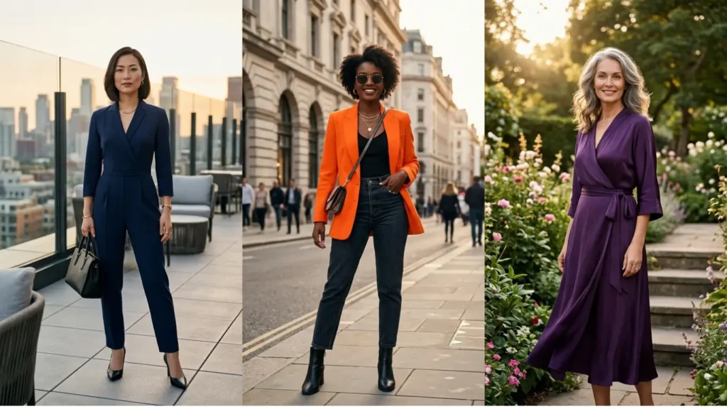 A three-panel fashion editorial featuring diverse women in Power Outfits That Give Instant Confidence (Any Size). The first panel shows a woman in a tailored navy blue jumpsuit on a city rooftop; the second features a woman in a vibrant orange "Boss Blazer" over a black top and dark jeans on a busy street; the third displays a woman in a deep purple silk wrap dress in a sunlit garden. The images illustrate the real-life style transformations of Maria, Tasha, and Elena as described in the guide.