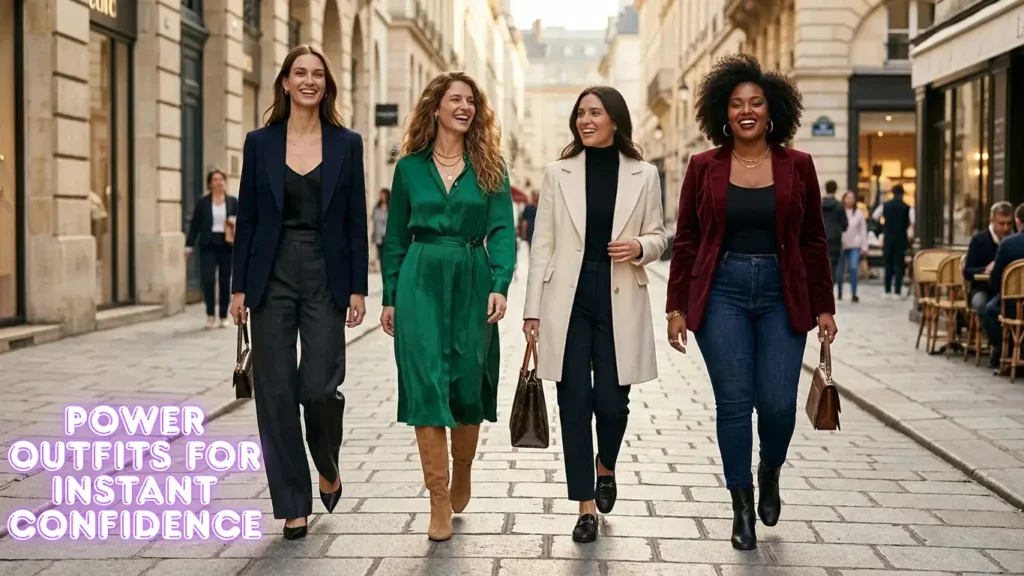 Four smiling women of diverse body types walking confidently down a Parisian-style street, modeling Power Outfits for Instant Confidence. The outfits include a navy blue blazer with charcoal trousers, a vibrant emerald green silk wrap dress with tan boots, a cream-colored wool coat over a black turtleneck, and a rich burgundy velvet blazer paired with dark denim jeans. The text overlay reads "Power Outfits for Instant Confidence" in glowing purple letters.