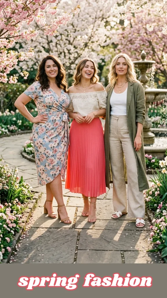 Three women with different body types smiling together in a blooming spring garden, modeling spring fashion and casual spring outfits. One woman wears a blue floral wrap dress, the middle woman wears a cream off-shoulder top with a pleated pink midi skirt, and the third wears an olive duster over a white tank and beige trousers. This image from spring fashion.webp illustrates Spring Edition – Dress Your Curves: 7 Outfit Ideas for Every Body Type and highlights spring outfits 2026 trends.