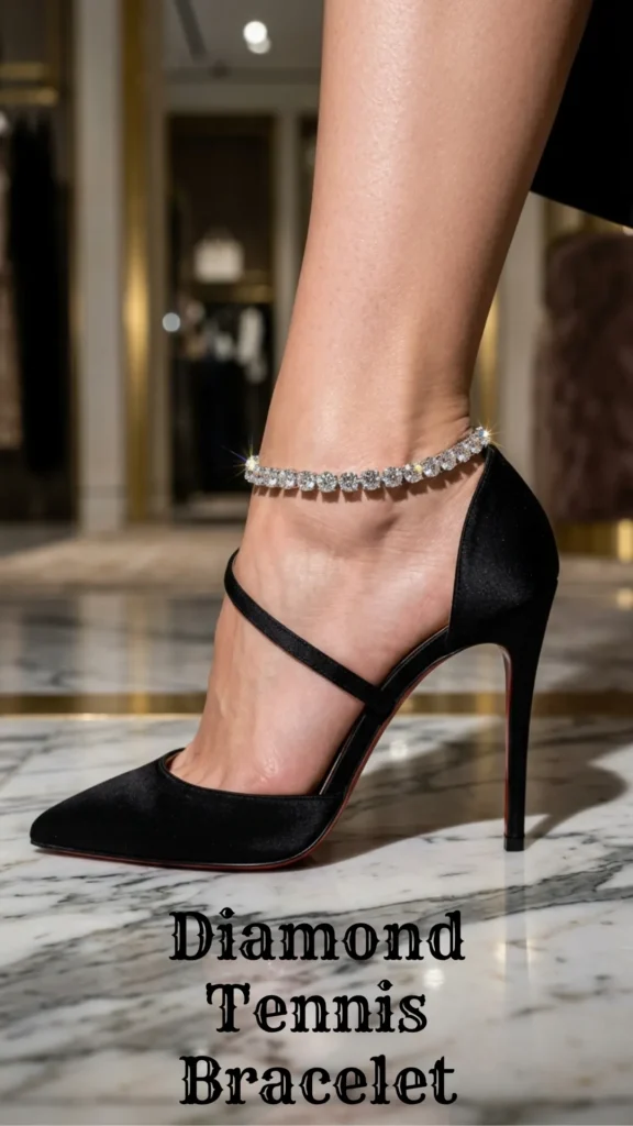 A luxurious diamond tennis bracelet style anklet from the Top 6 Stylish Anklets for Women guide.