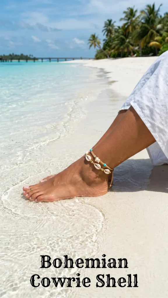 A beach-ready cowrie shell bohemian jewelry piece, showcasing Top 6 Stylish Anklets for Women.