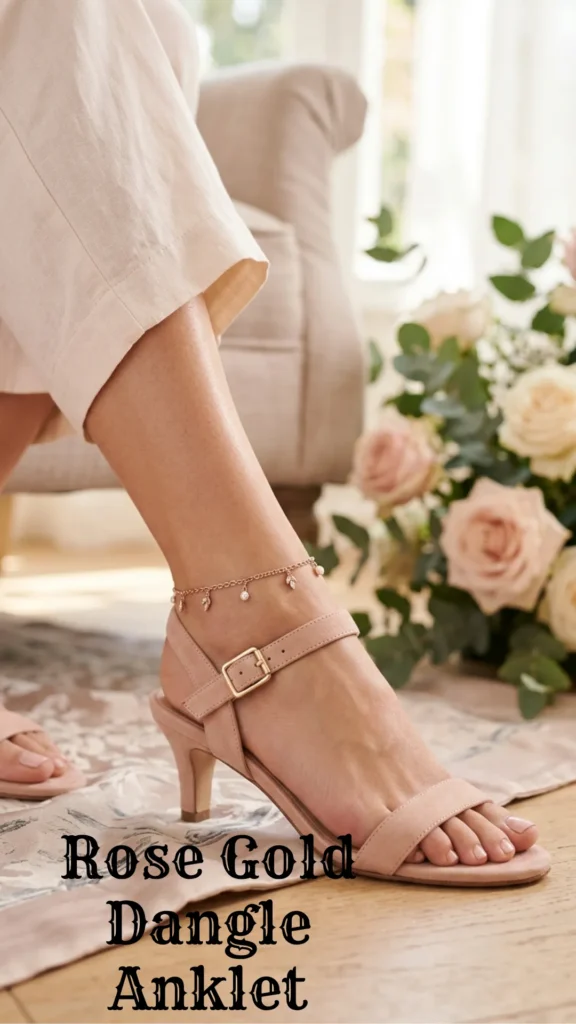 A romantic rose gold dangle anklet with leaf charms, highlighting Top 6 Stylish Anklets for Women.
