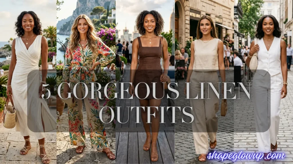 A collage of five different women modeling trendy summer styles from the 5 Gorgeous Linen Outfits That Make You Glow in 2026 collection.