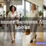 A collage of four smiling women showcasing stylish, lightweight summer business attire while walking through bright, modern office spaces. Overlaying the center is a dark banner with the text "5 Summer Business Attire Looks" in white serif font. In the bottom right corner, the website "shapeglowup.com" is written in purple neon cursive.