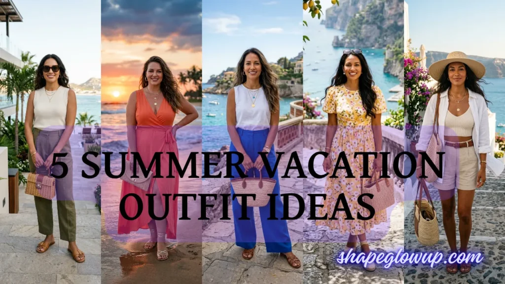 A collage of five women showcasing stylish resort wear from the 5 Summer Vacation Outfit Ideas That Will Break the Internet collection.