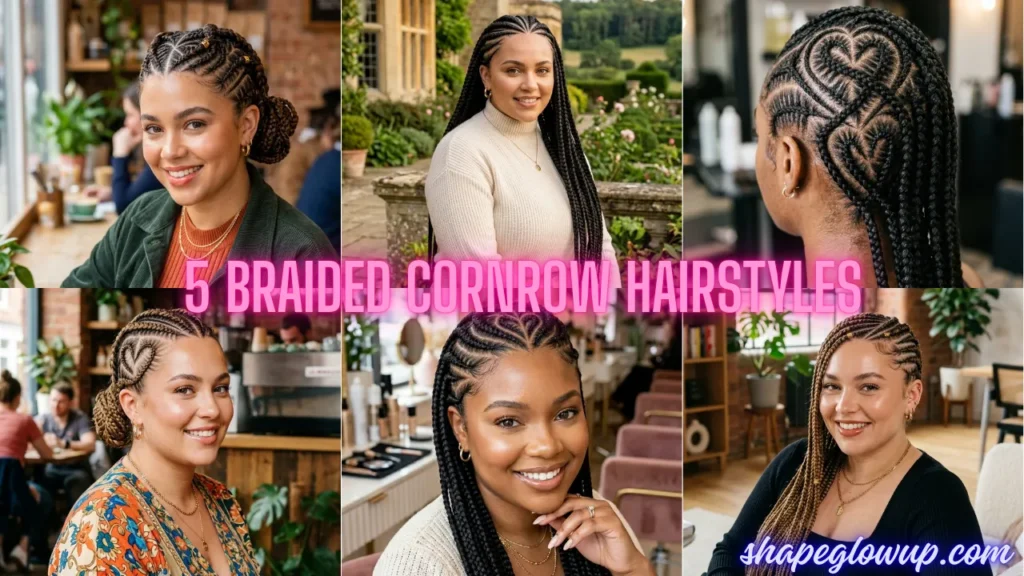 A collage featuring a collection of 5 Braided Cornrow Hairstyles That Are Pure Hair Goals, showing diverse creative parting patterns, braided buns, and heart designs.